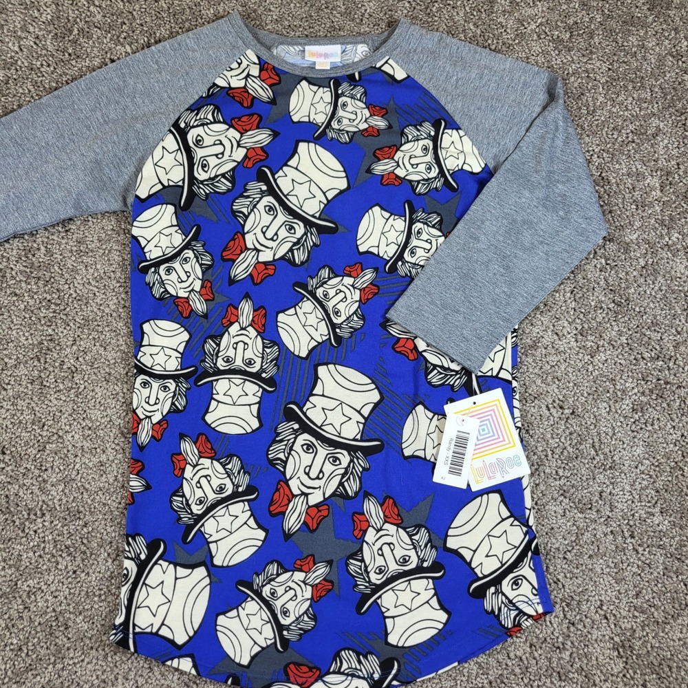 LuLaRoe Randy Baseball Tee XXS Uncle Sam Patriotic Stars 3/4 Sleeve Blue Gray